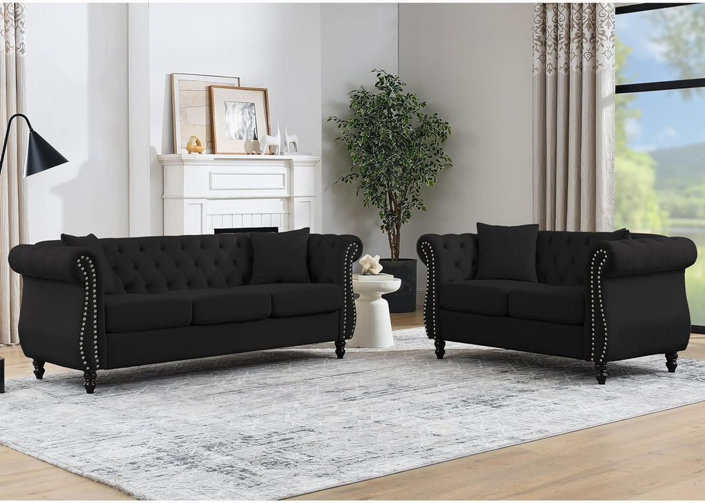 2 Piece Velvet Chesterfield Sofa,79" 3 Seater and 57" Loveseat Sofa Set,Button Tufted Nailhead Trimming Curved Backrest Rolled Arm (Grey, 79" 3 Seater and 57" Loveseat Velvet Sofa Sets)
