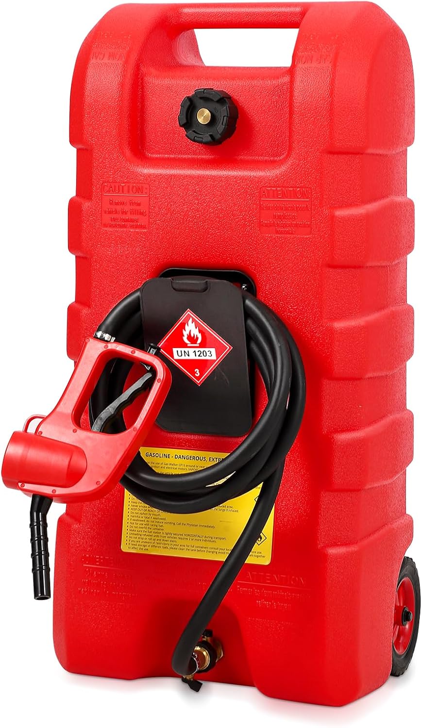 15 Gallon Gas Can, Fuel Tank Container with LE Fluid Transfer Manual Siphon Pump & 10FT Hose, Portable Diesel Gas Storage Caddy with Wheels for Car, ATV, Weeder, Boat, etc., Red