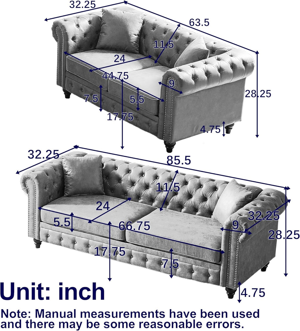 2 Pieces Chesterfield Sofa Sets Nailhead Decor Faux Leather Upholstered Tufted Sectional Sofa&Couch Include 3-Seaters Couch and Loveseat W/Rolled Arms and Wood Legs for Living Room Furniture Sets