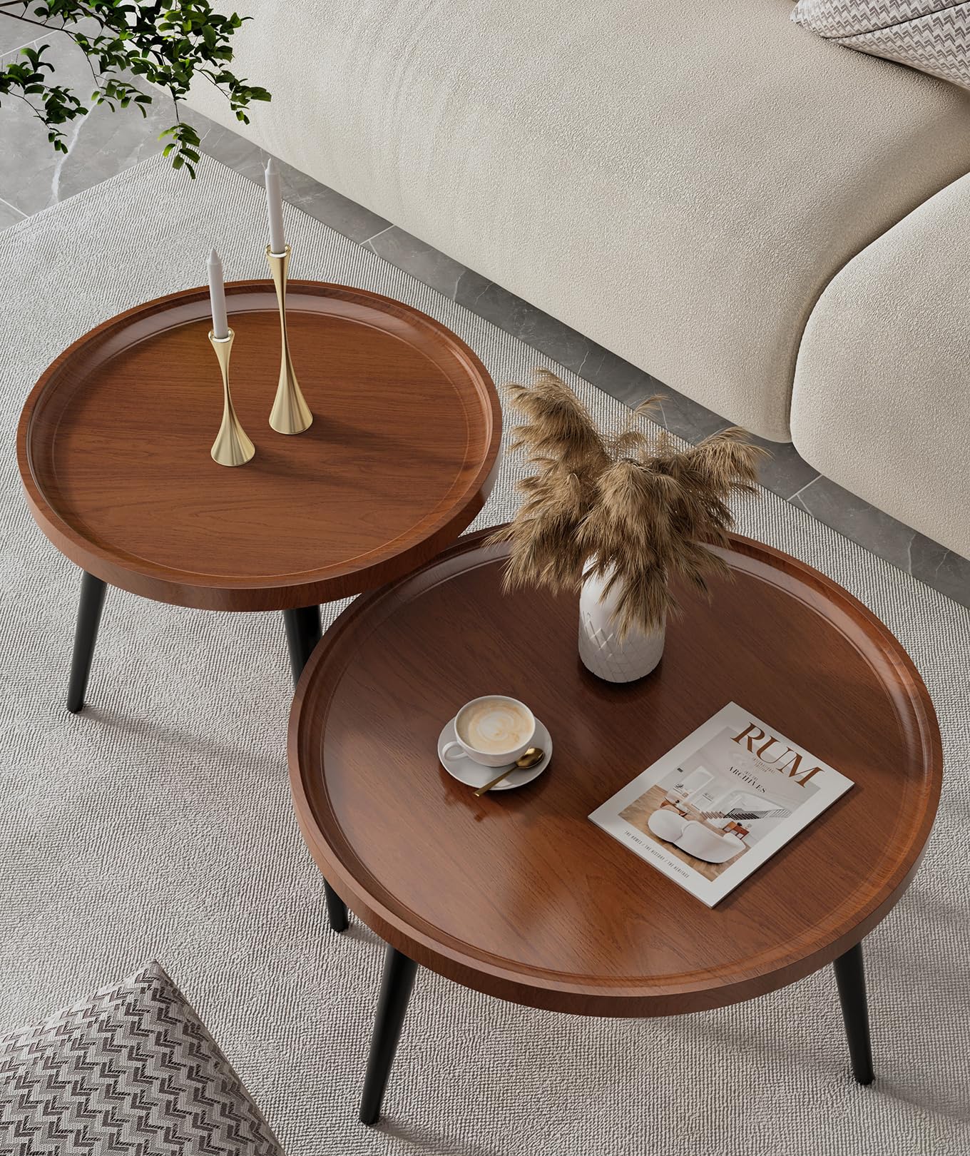 2 Pcs Mid Century Modern Coffee Table Round for Living Room,Easy Assembly Nesting Coffee Tables,Minimalist Circle Walnut Coffee Table for Bedroom Office Balcony Yard