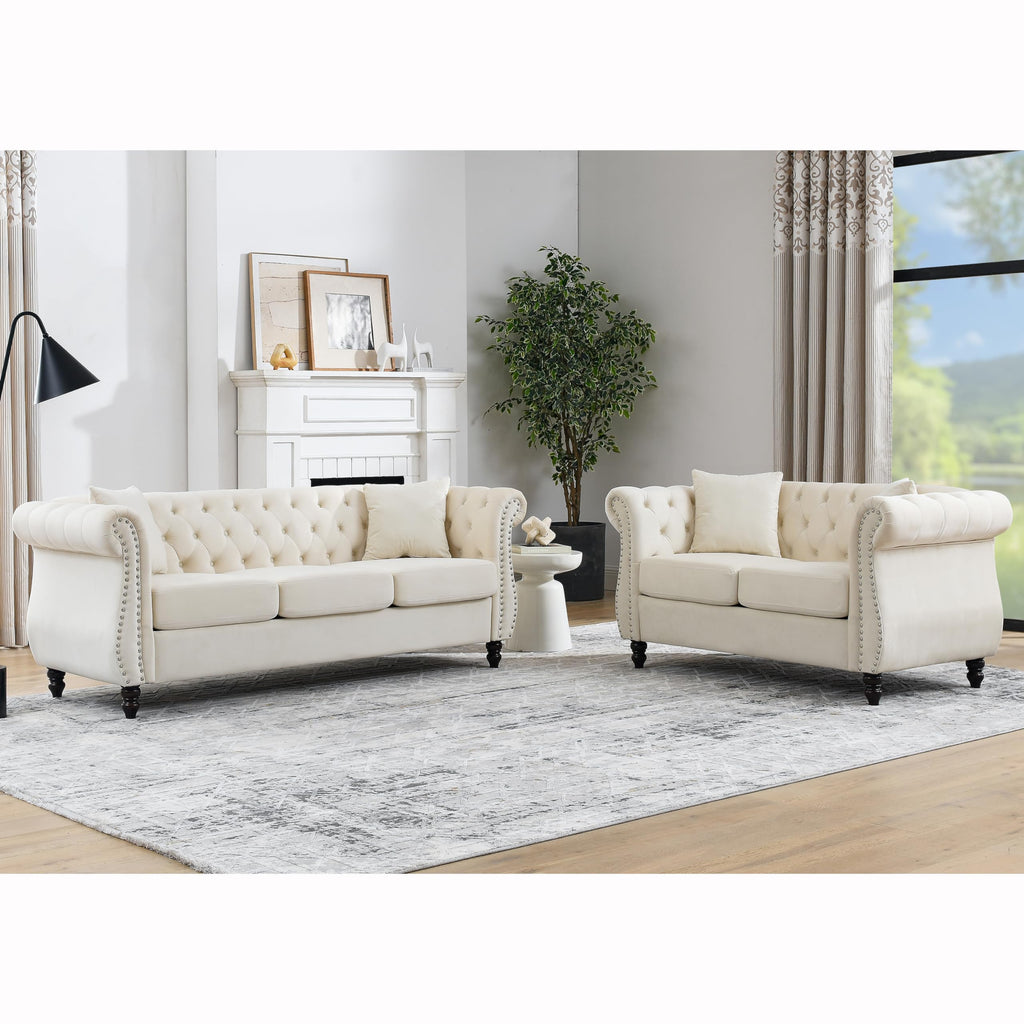 2 Piece Velvet Chesterfield Sofa,79" 3 Seater and 57" Loveseat Sofa Set,Button Tufted Nailhead Trimming Curved Backrest Rolled Arm (Grey, 79" 3 Seater and 57" Loveseat Velvet Sofa Sets)