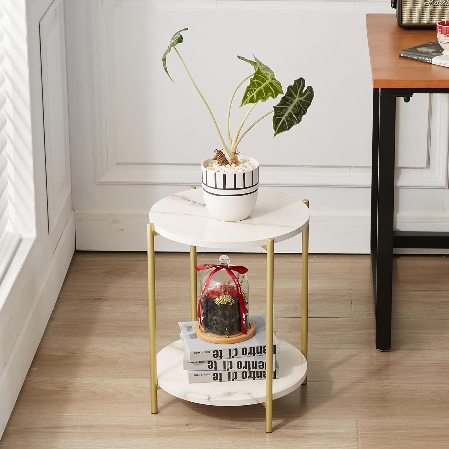 2 Tier Round Side Table, Folding End Tables Coffee Table Simplistic Sofa Table Waterproof Removable Tray Table Indoor Outdoor Accent Table for Living Room Bedroom (Faux Marble White, 1pcs)