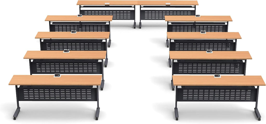 18 Person Tables Training Meeting Seminar Classroom Model 5637 10pc Beech Folding Industrial Caster Z-Base. Tables Connect. Modesty Panel, Shelf, Power+USB Outlet. Fold+Nest (Seating NOT Included).