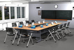 10 Person Tables Training Meeting Seminar Classroom Model 5602 15pc Beech Folding Industrial Caster Z-Base. Tables Connect. Modesty Panel, Shelf, Power+USB Outlet. Fold+Nest (Seating Included).