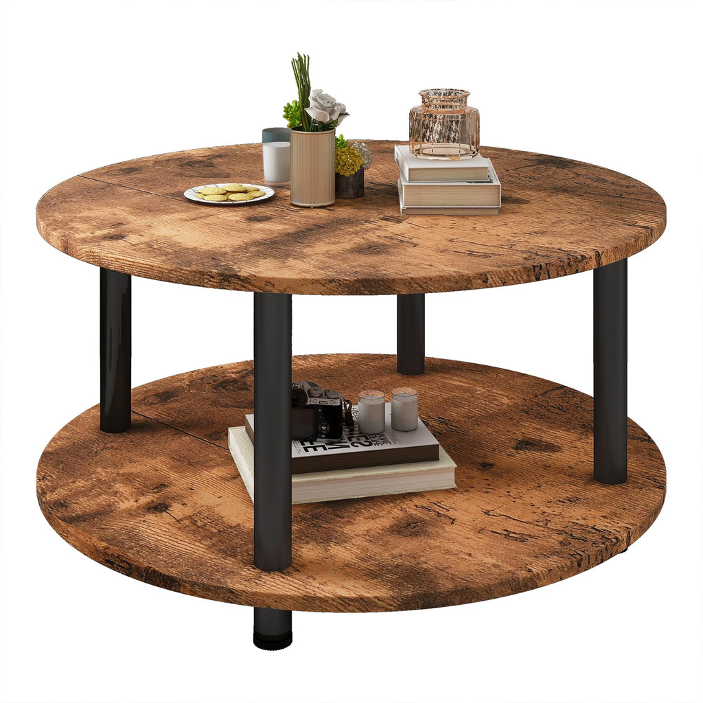 23.6" Round Coffee Table, 2-Tier Small Circle Coffee Table with Storage, Modern Center Accent Table with Metal Frame, Side Table End Table for Small Space, Living Room, Office, Black