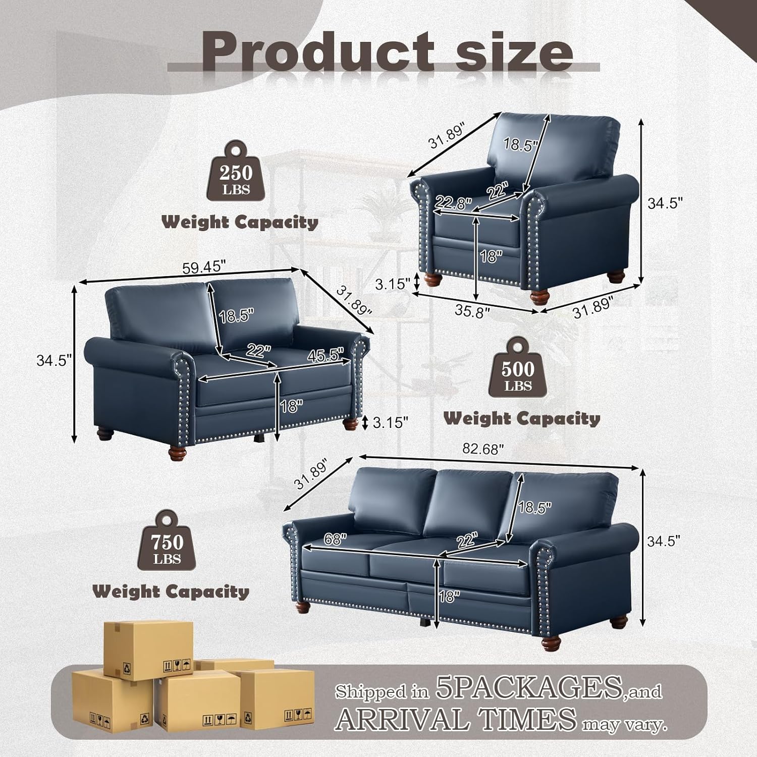 3 Piece Faux Leather Sofa Set,Mid Century Modern Couch and Loveseat Sets with Storage,Comfy Deep Seat Sofa with Nailhead Trim & Rolled Arm for Living Room,Office(Armchair+Loveseat+3 Seater,Navy Blue)
