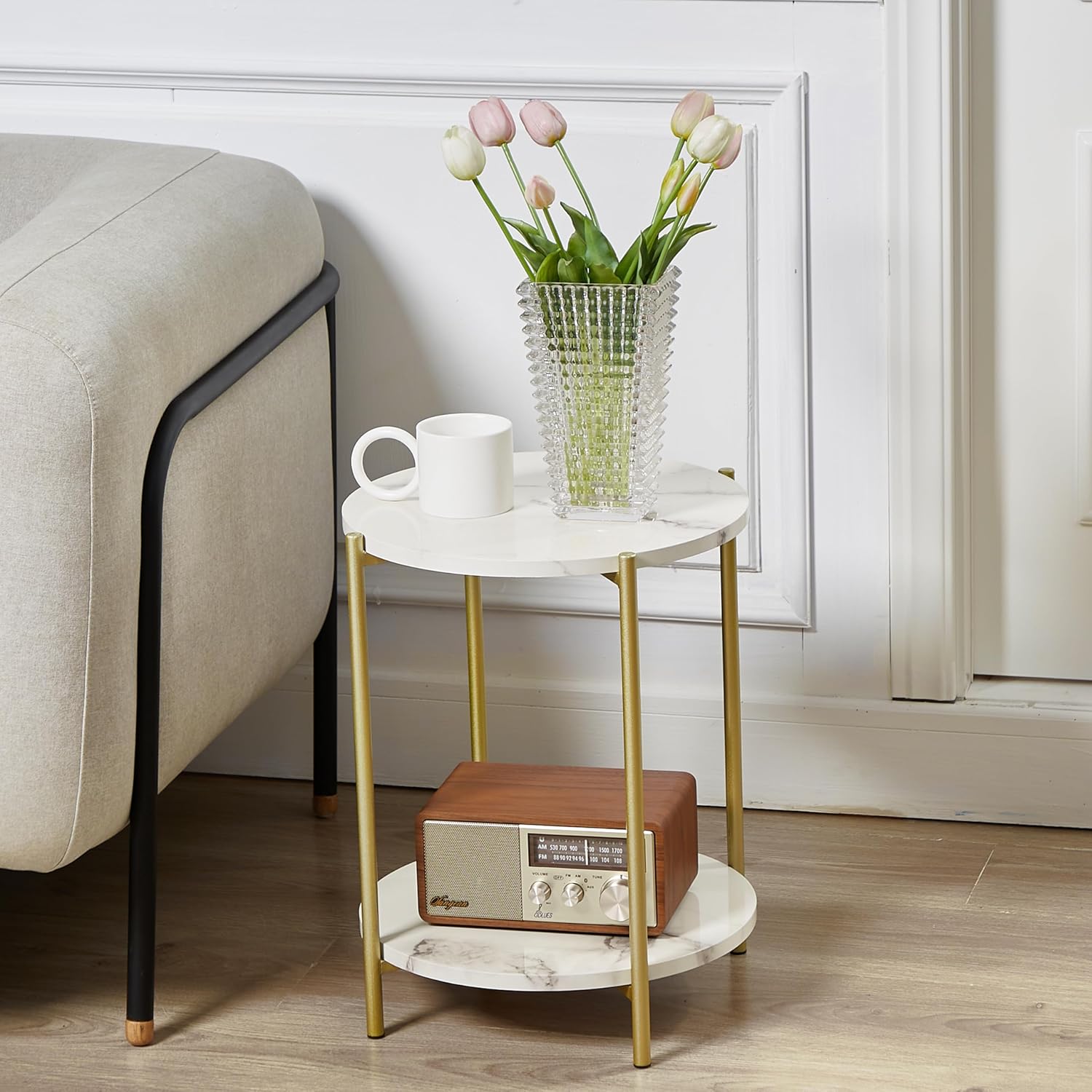 2 Tier Round Side Table, Folding End Tables Coffee Table Simplistic Sofa Table Waterproof Removable Tray Table Indoor Outdoor Accent Table for Living Room Bedroom (Faux Marble White, 1pcs)
