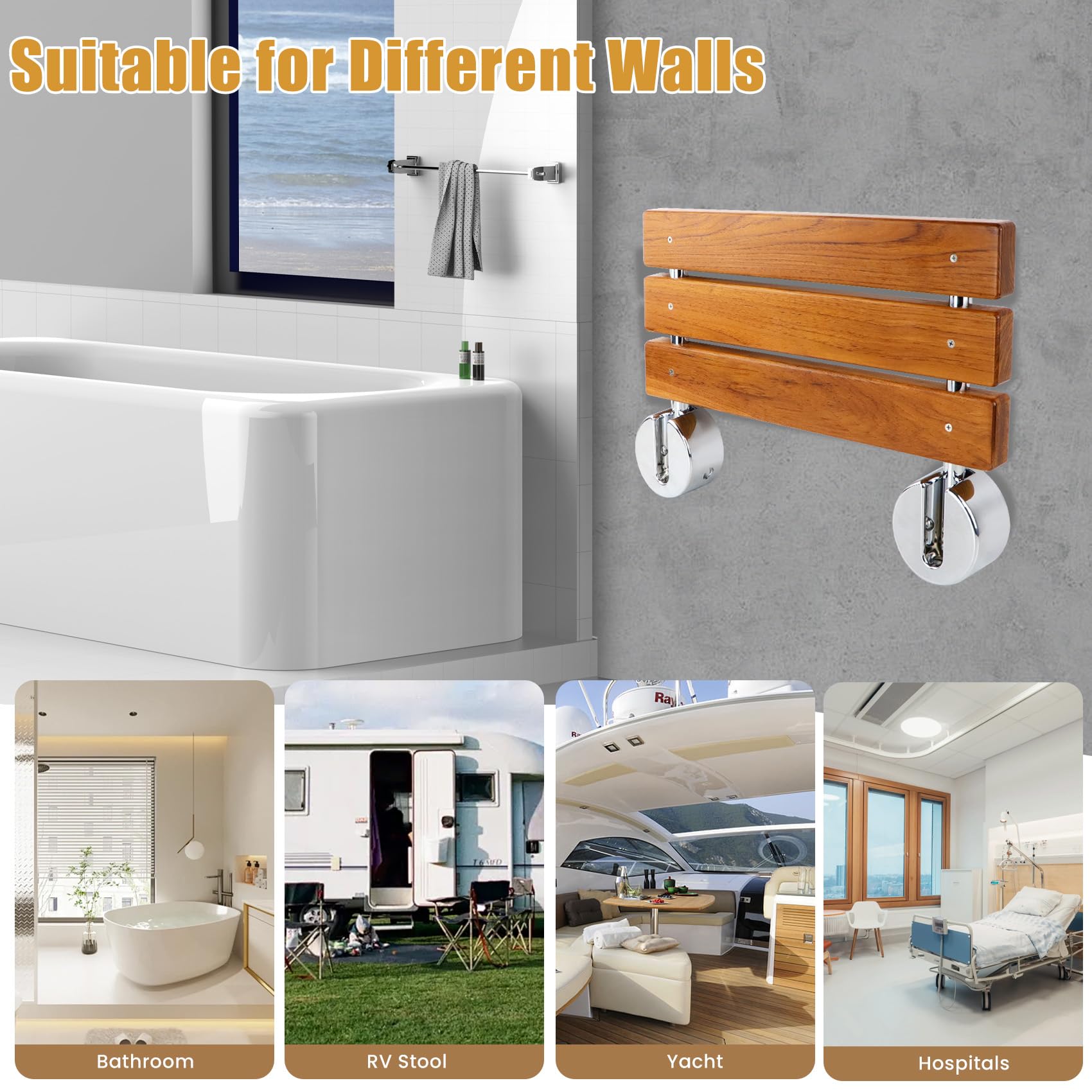 20" Teak Folding Shower Seat Wall Mounted,Fold Down Shower Bench for Small Shower Space, Home Care Teak Wood Stool for Inside Shower,Pregnants-Maximum Load 440lb[European Teak]