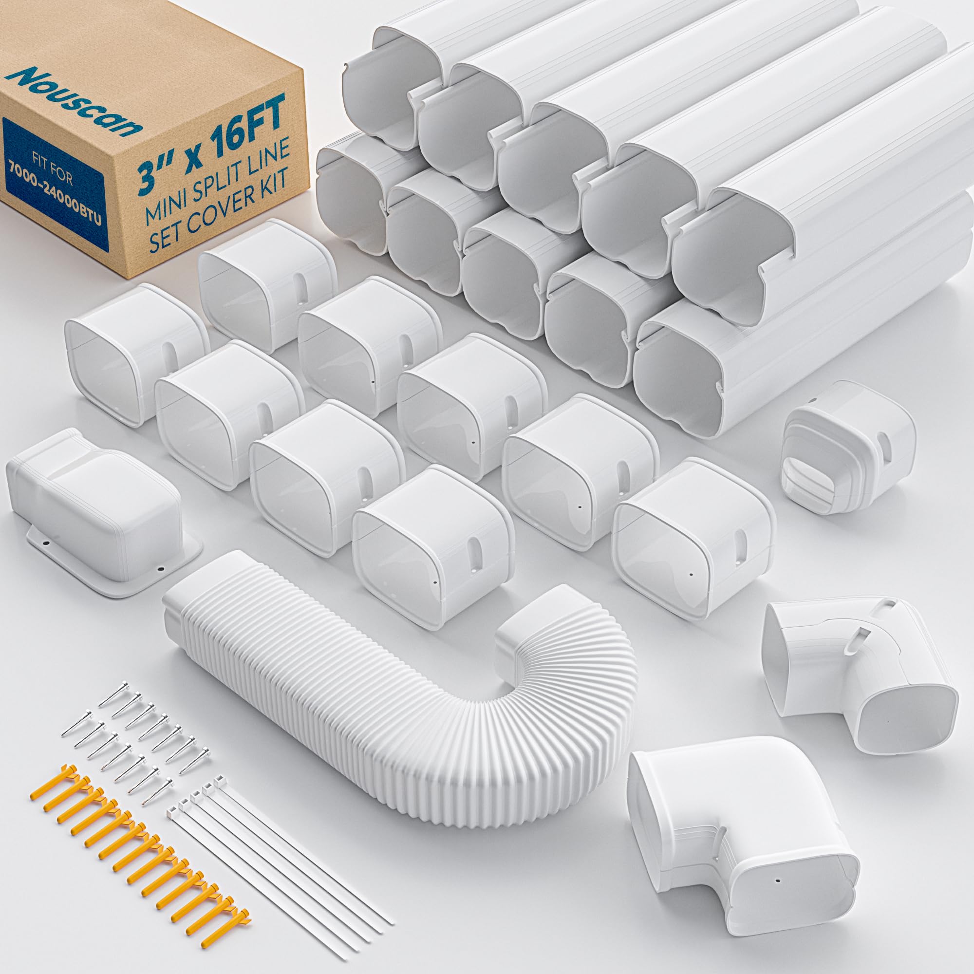 3" 13Ft Mini Split Line Set Cover with Flexible Duct, Upgrade PP Decorative Minisplit Lineset Cover Kit, Paintable for Mini Split, Air Conditioner, Central AC, HVAC and Heat Pumps, White