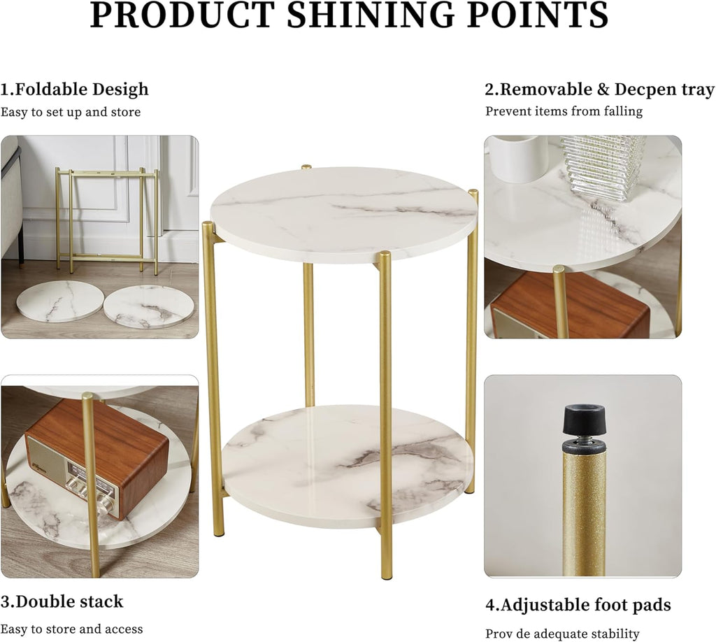 2 Tier Round Side Table, Folding End Tables Coffee Table Simplistic Sofa Table Waterproof Removable Tray Table Indoor Outdoor Accent Table for Living Room Bedroom (Faux Marble White, 1pcs)