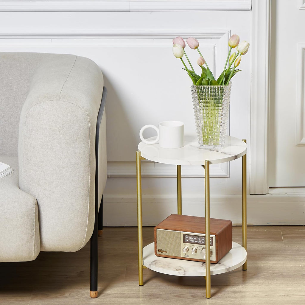 2 Tier Round Side Table, Folding End Tables Coffee Table Simplistic Sofa Table Waterproof Removable Tray Table Indoor Outdoor Accent Table for Living Room Bedroom (Faux Marble White, 1pcs)