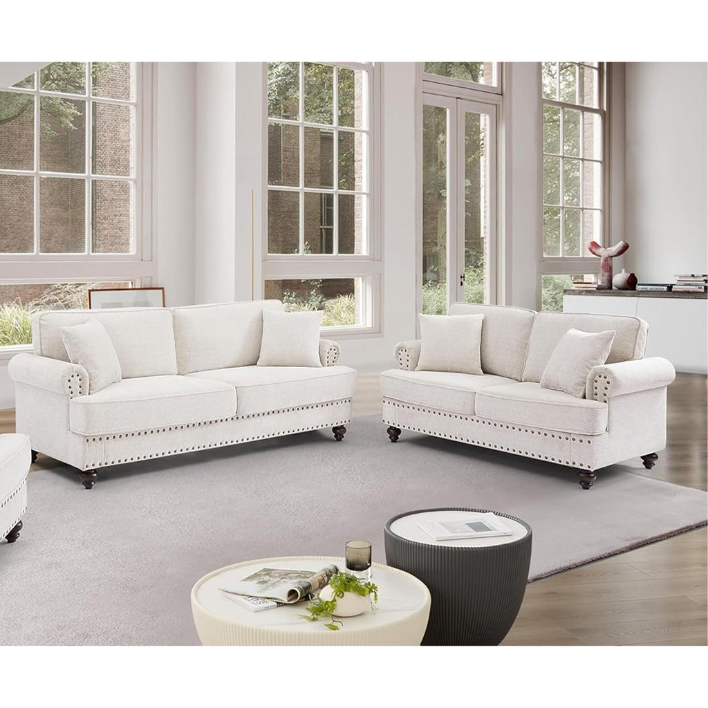2 Pieces Chesterfield Sofa Sets Nailhead Decor Faux Leather Upholstered Tufted Sectional Sofa&Couch Include 3-Seaters Couch and Loveseat W/Rolled Arms and Wood Legs for Living Room Furniture Sets