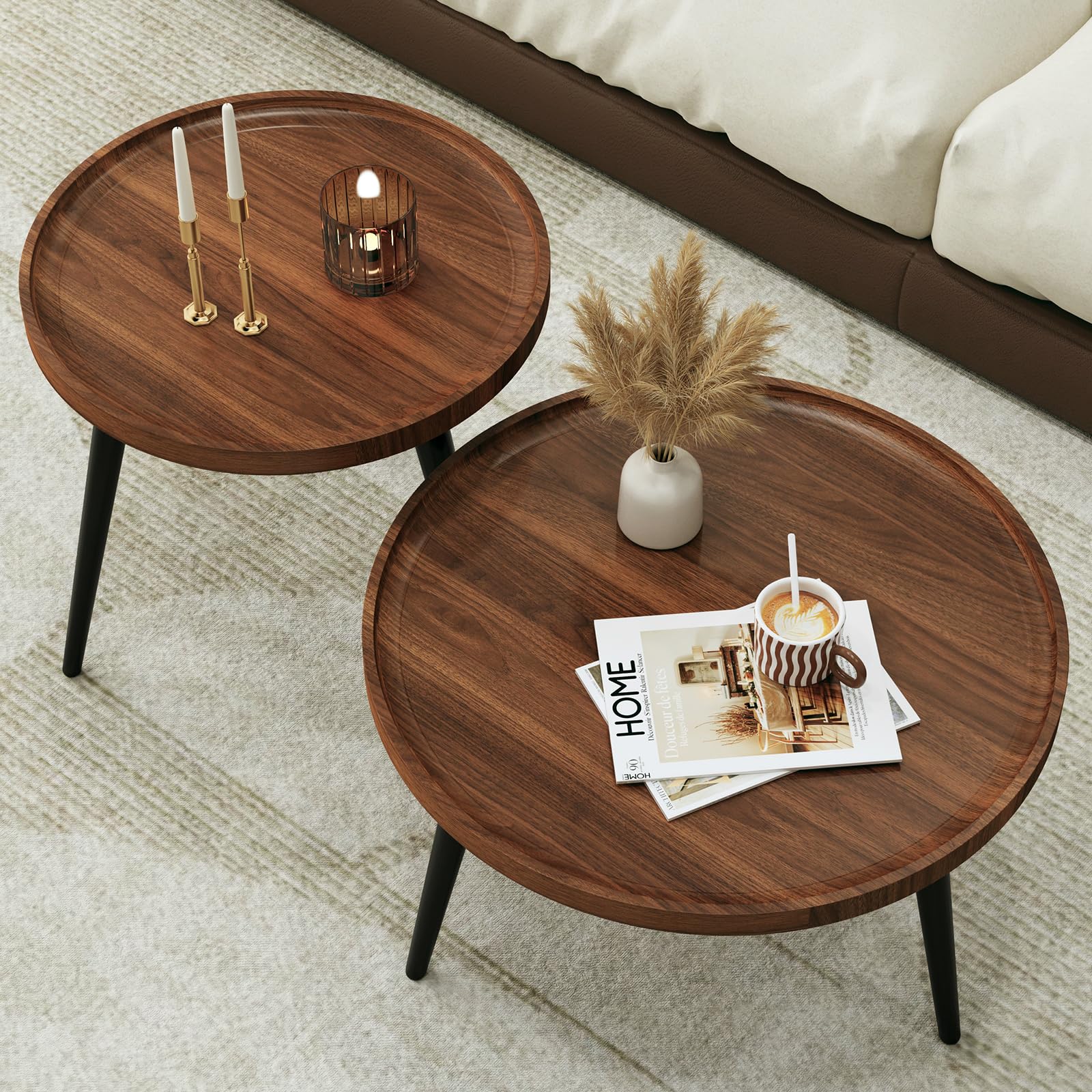 2-Piece Walnut Coffee Table,Durable Mid Century Small Round Coffee Tables for Living Room,Easy Assembly Modern Nesting Coffee Tables Set,Circle Side Tables for Sofa Bedside Balcony