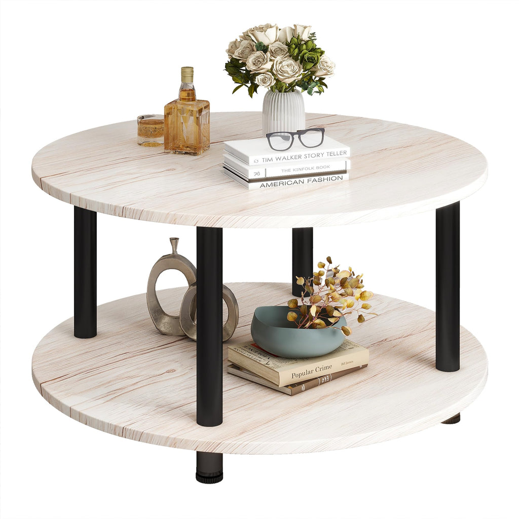 23.6" Round Coffee Table, 2-Tier Small Circle Coffee Table with Storage, Modern Center Accent Table with Metal Frame, Side Table End Table for Small Space, Living Room, Office, Black