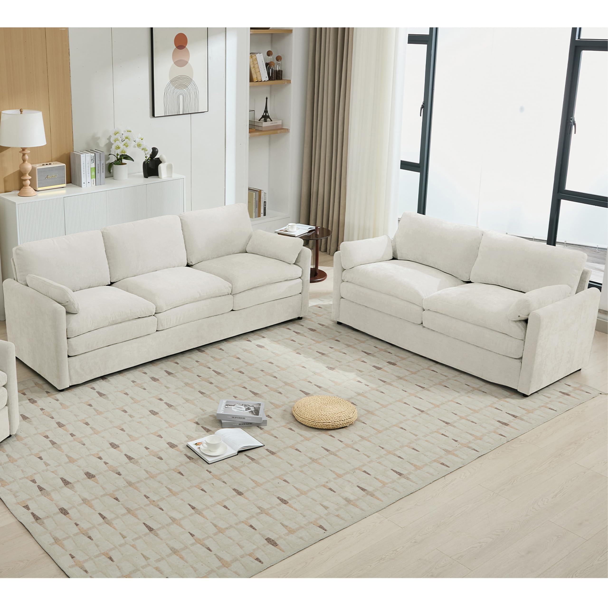 2 Pieces Chesterfield Sofa Sets Nailhead Decor Faux Leather Upholstered Tufted Sectional Sofa&Couch Include 3-Seaters Couch and Loveseat W/Rolled Arms and Wood Legs for Living Room Furniture Sets