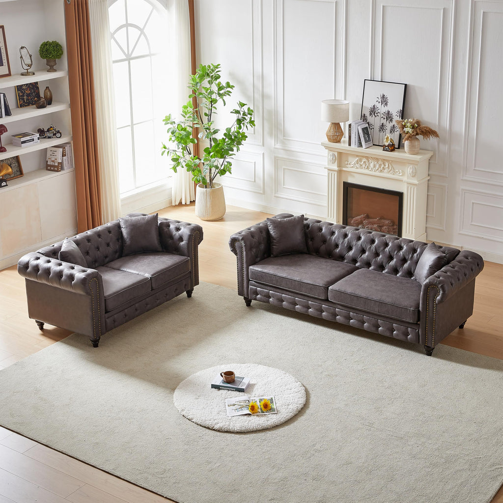 2 Pieces Chesterfield Sofa Sets Nailhead Decor Faux Leather Upholstered Tufted Sectional Sofa&Couch Include 3-Seaters Couch and Loveseat W/Rolled Arms and Wood Legs for Living Room Furniture Sets