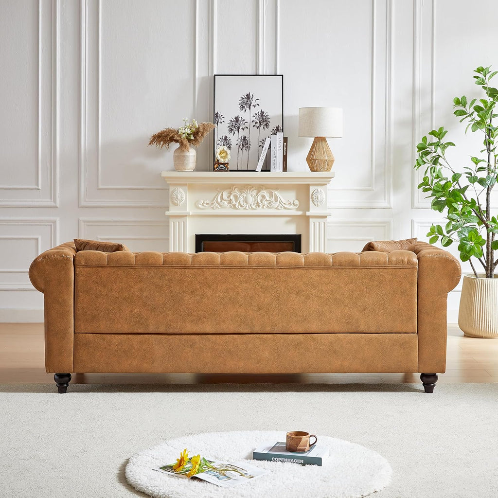 2 Pieces Chesterfield Sofa Sets Nailhead Decor Faux Leather Upholstered Tufted Sectional Sofa&Couch Include 3-Seaters Couch and Loveseat W/Rolled Arms and Wood Legs for Living Room Furniture Sets