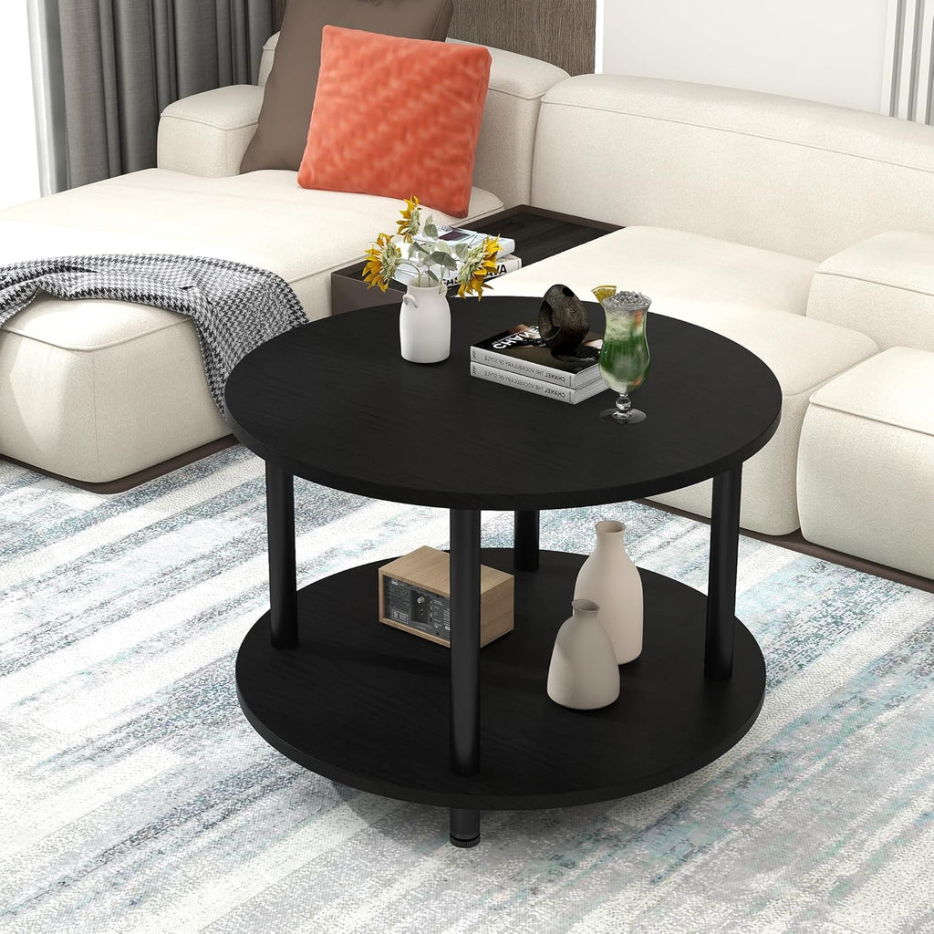 23.6" Round Coffee Table, 2-Tier Small Circle Coffee Table with Storage, Modern Center Accent Table with Metal Frame, Side Table End Table for Small Space, Living Room, Office, Black