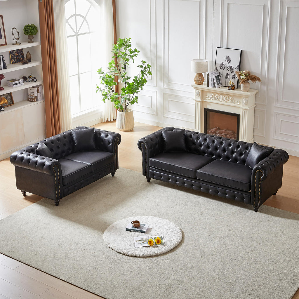 2 Pieces Chesterfield Sofa Sets Nailhead Decor Faux Leather Upholstered Tufted Sectional Sofa&Couch Include 3-Seaters Couch and Loveseat W/Rolled Arms and Wood Legs for Living Room Furniture Sets