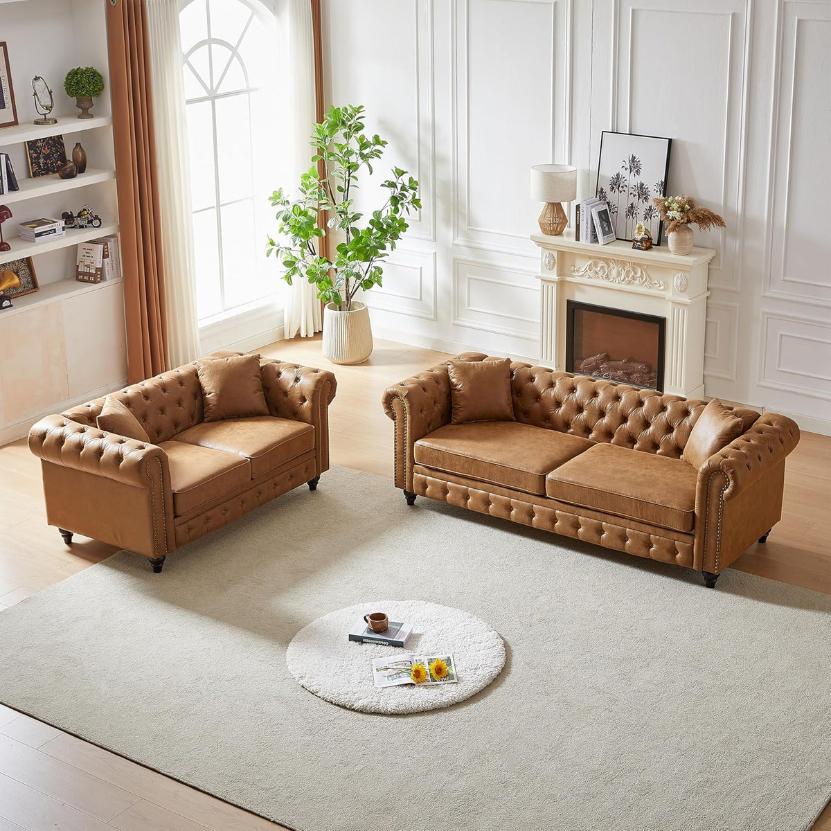 2 Pieces Chesterfield Sofa Sets Nailhead Decor Faux Leather Upholstered Tufted Sectional Sofa&Couch Include 3-Seaters Couch and Loveseat W/Rolled Arms and Wood Legs for Living Room Furniture Sets