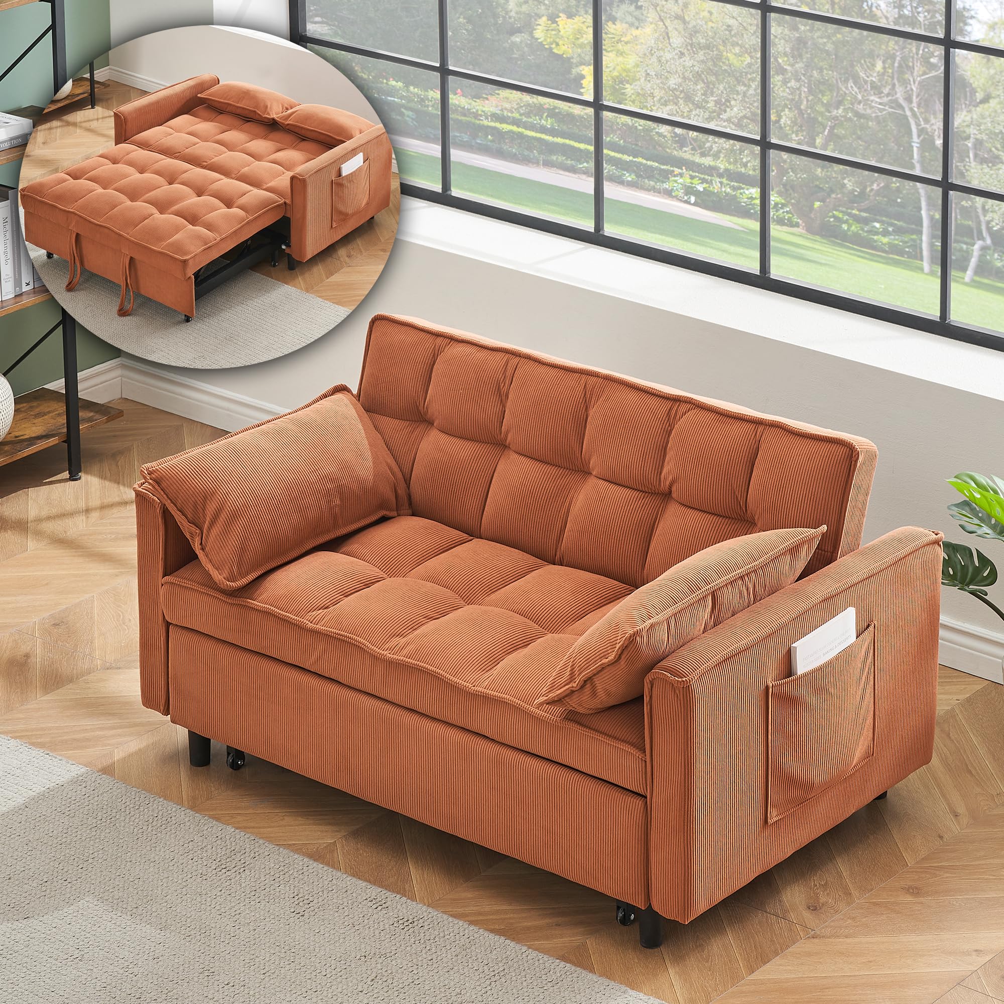 3 in 1 Convertible Sleeper Sofa Bed, Futon Couches for Living Room with Side Pocket | Adjustable Backrest| Velvet Fabric | Pull Out Couch | Recliner Loveseat | Sectional Sofa, Dark Gery