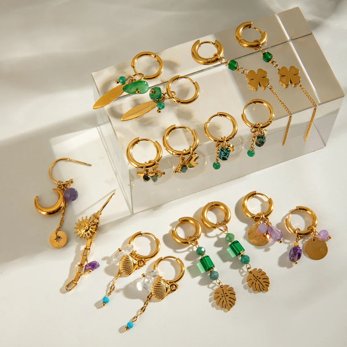 18 Karat vergoldete Ohrringe mit Pentagramm und Mond aus Naturstein, glatte Creolen, Edelstahl, Modeschmuck, Geschenkidee für Damen
