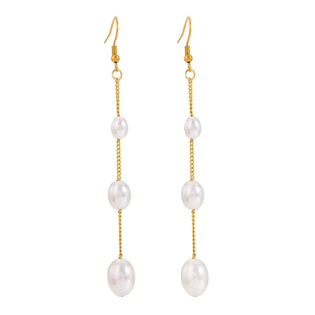 18K Beach Stainless Steel Long Hanging Pearl String Hook Earrings Accessories Women Anti Allergic Statement Jewelry Accessories