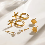 3 Paar Ohrringe pro Karte, Edelstahl, Muschelperlen, gerippte Muschel, glatte Seestern-Anhänger, Damenschmuck, 18 Karat Edelstahl