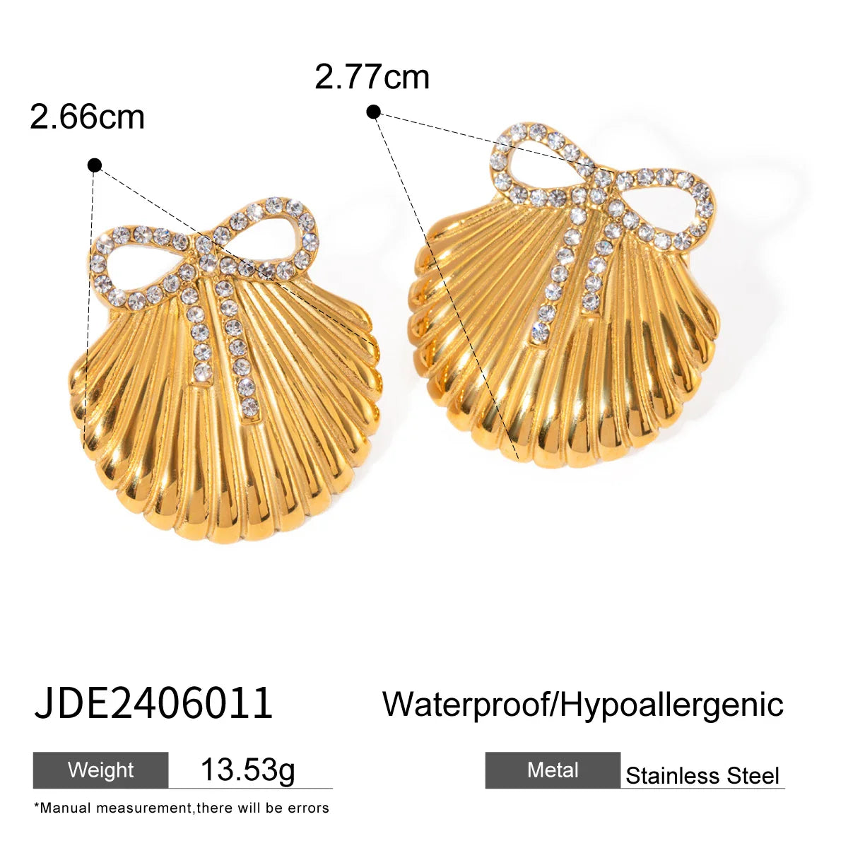 18K PVD Plated Stainless Steel Shell Design Inlay Bowknot Rhinestone Earrings Geometric Waterproof Women Exquisite Jewelry Gift