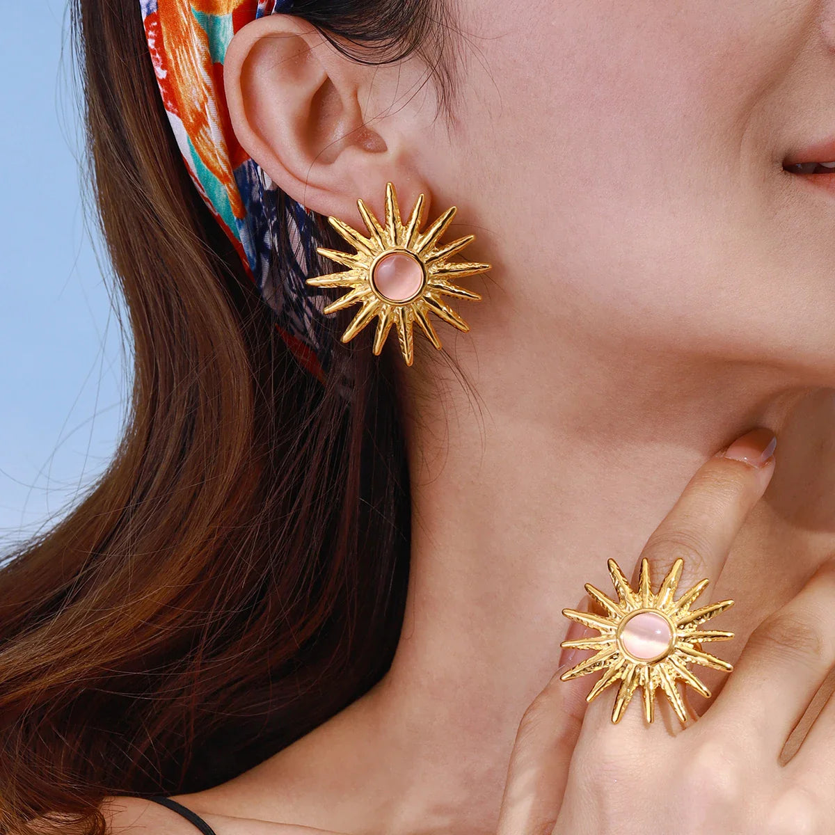 18k Gold Plated Stainless Steel Sun Pattern Cat Eye Stone Earrings Ring Women Anti Allergic Rust Proof Stylish Jewelry