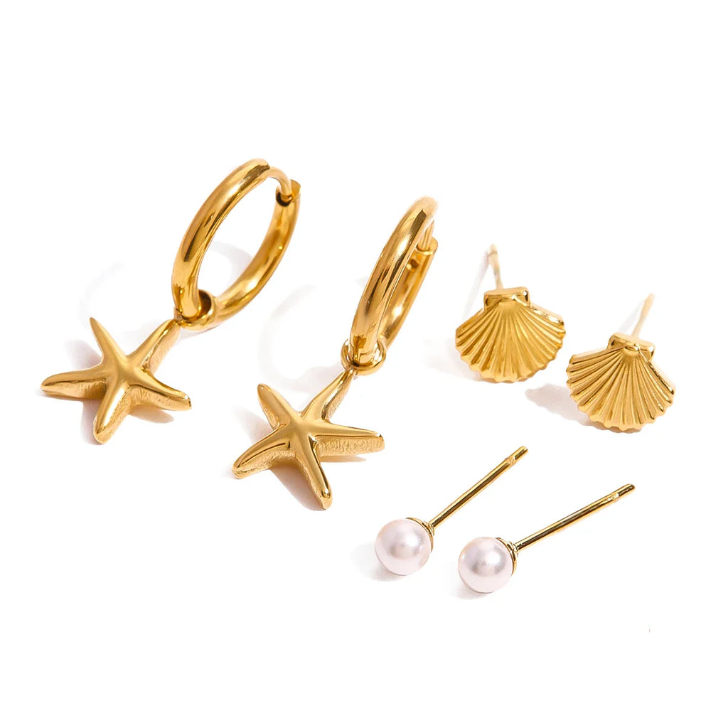 3 Paar Ohrringe pro Karte, Edelstahl, Muschelperlen, gerippte Muschel, glatte Seestern-Anhänger, Damenschmuck, 18 Karat Edelstahl