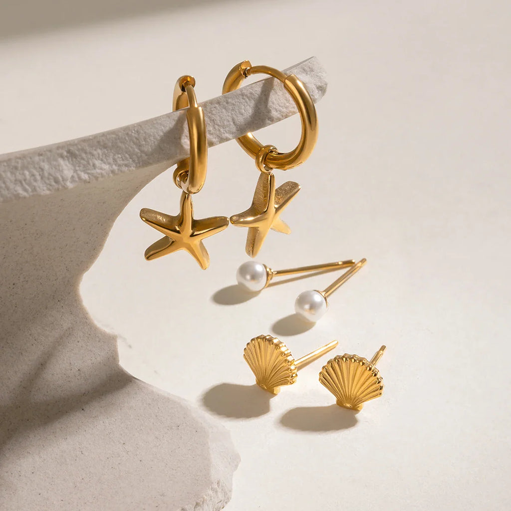 3 Paar Ohrringe pro Karte, Edelstahl, Muschelperlen, gerippte Muschel, glatte Seestern-Anhänger, Damenschmuck, 18 Karat Edelstahl