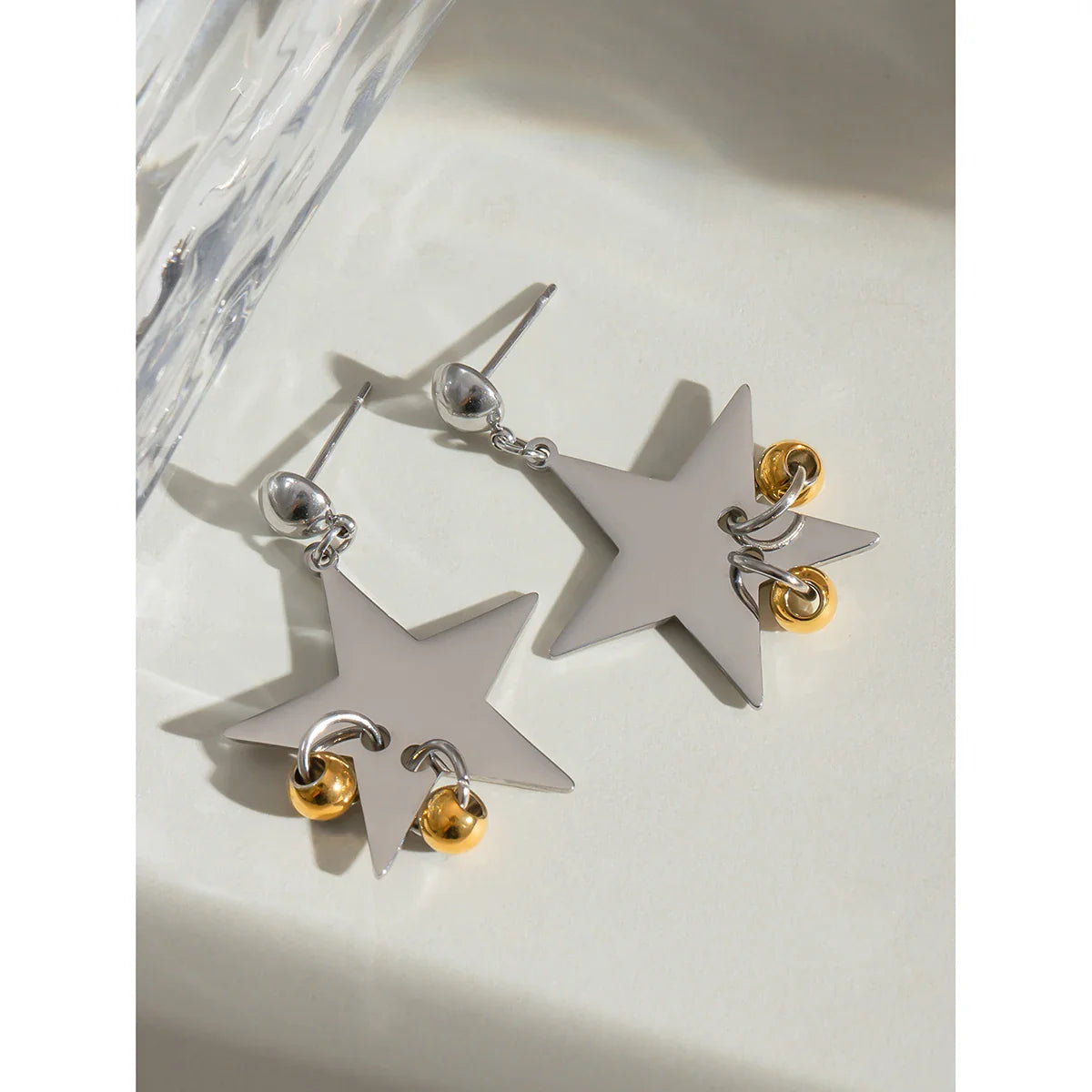 18K Gold Plated Stainless Steel Vintage Smooth Pentagonal Star Hanging Steel Circle Earrings Women Charms Metal Daily Jewelry