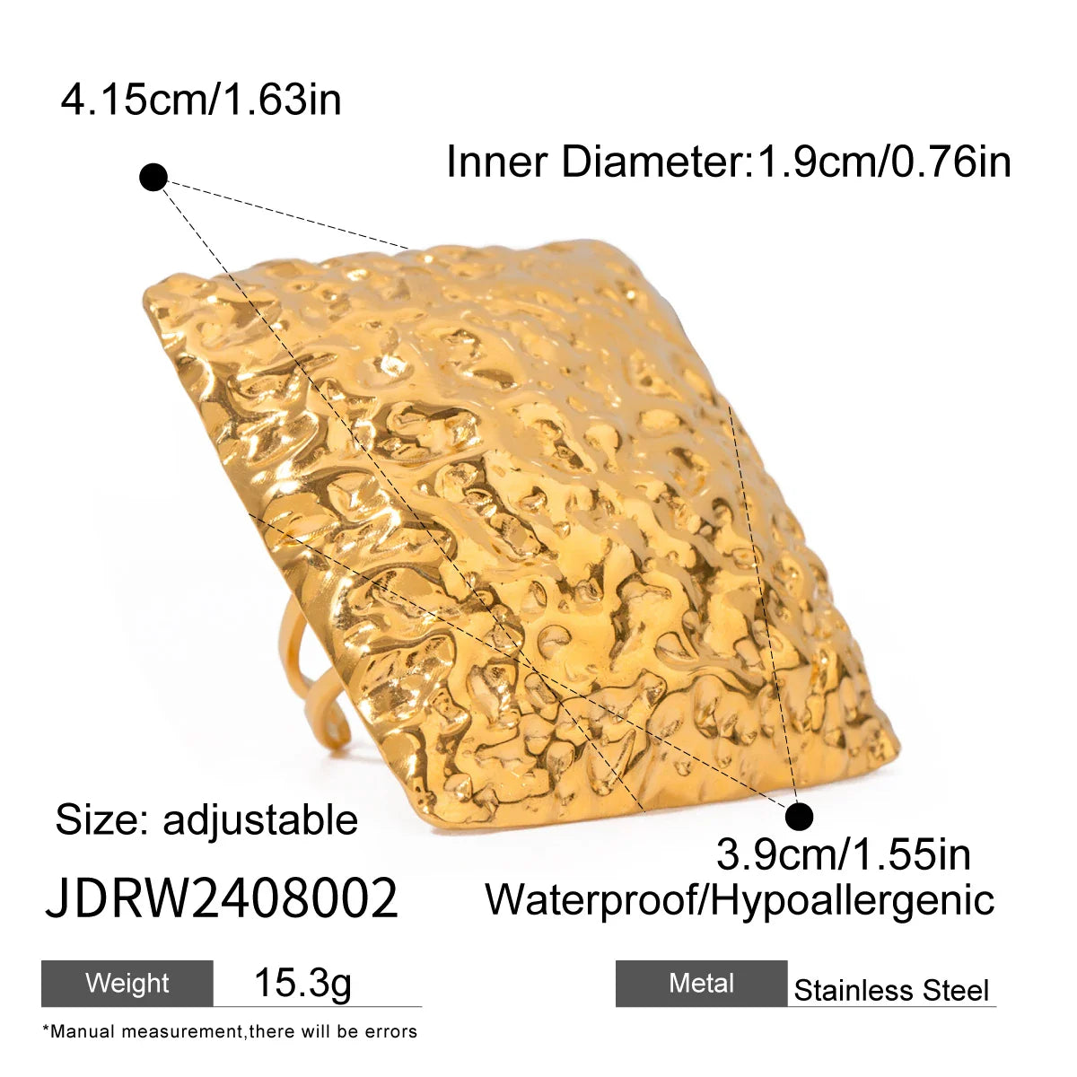 Bague ouverte carrée convexe en acier inoxydable 18 carats, étanche, grain martelé, hypoallergénique, élégante et charmante pour femme, idéale au quotidien, à la plage. Bijou de plage.