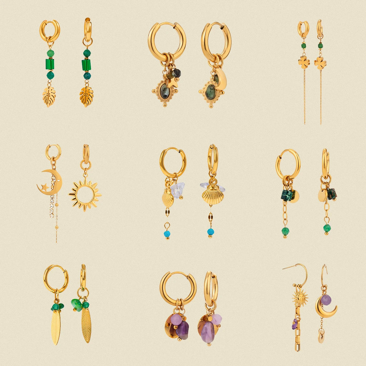 18 Karat vergoldete Ohrringe mit Pentagramm und Mond aus Naturstein, glatte Creolen, Edelstahl, Modeschmuck, Geschenkidee für Damen
