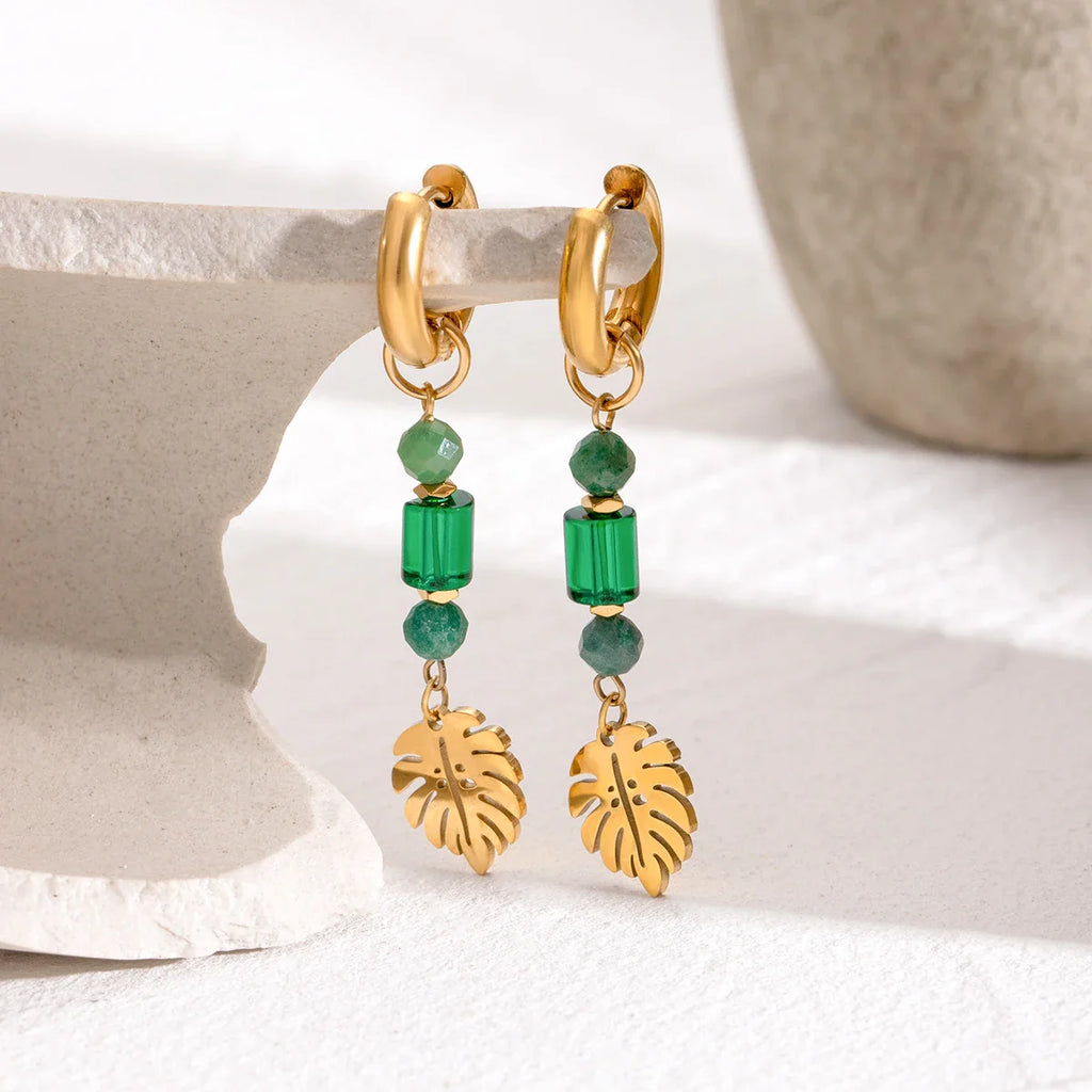 18 Karat vergoldete Ohrhänger mit Blattmotiv aus Naturstein und Kristall, hochwertige Edelstahl-Ohrringe, modischer Schmuck, perfektes Geschenk für Damen 