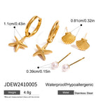 3 Paar Ohrringe pro Karte, Edelstahl, Muschelperlen, gerippte Muschel, glatte Seestern-Anhänger, Damenschmuck, 18 Karat Edelstahl
