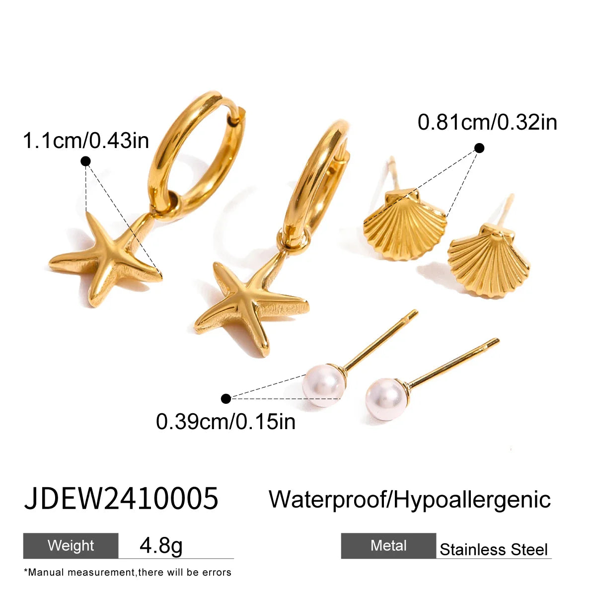 3 Paar Ohrringe pro Karte, Edelstahl, Muschelperlen, gerippte Muschel, glatte Seestern-Anhänger, Damenschmuck, 18 Karat Edelstahl