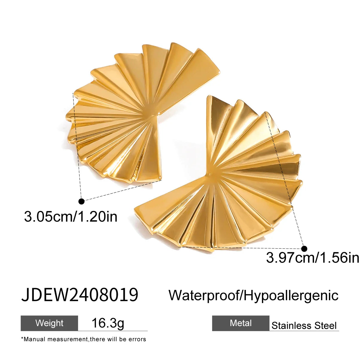 18K Gold Plated Stainless Steel Smooth Pleated Fan-shaped Earrings Women Charms Metal Texture Waterproof Jewelry Gala Gift