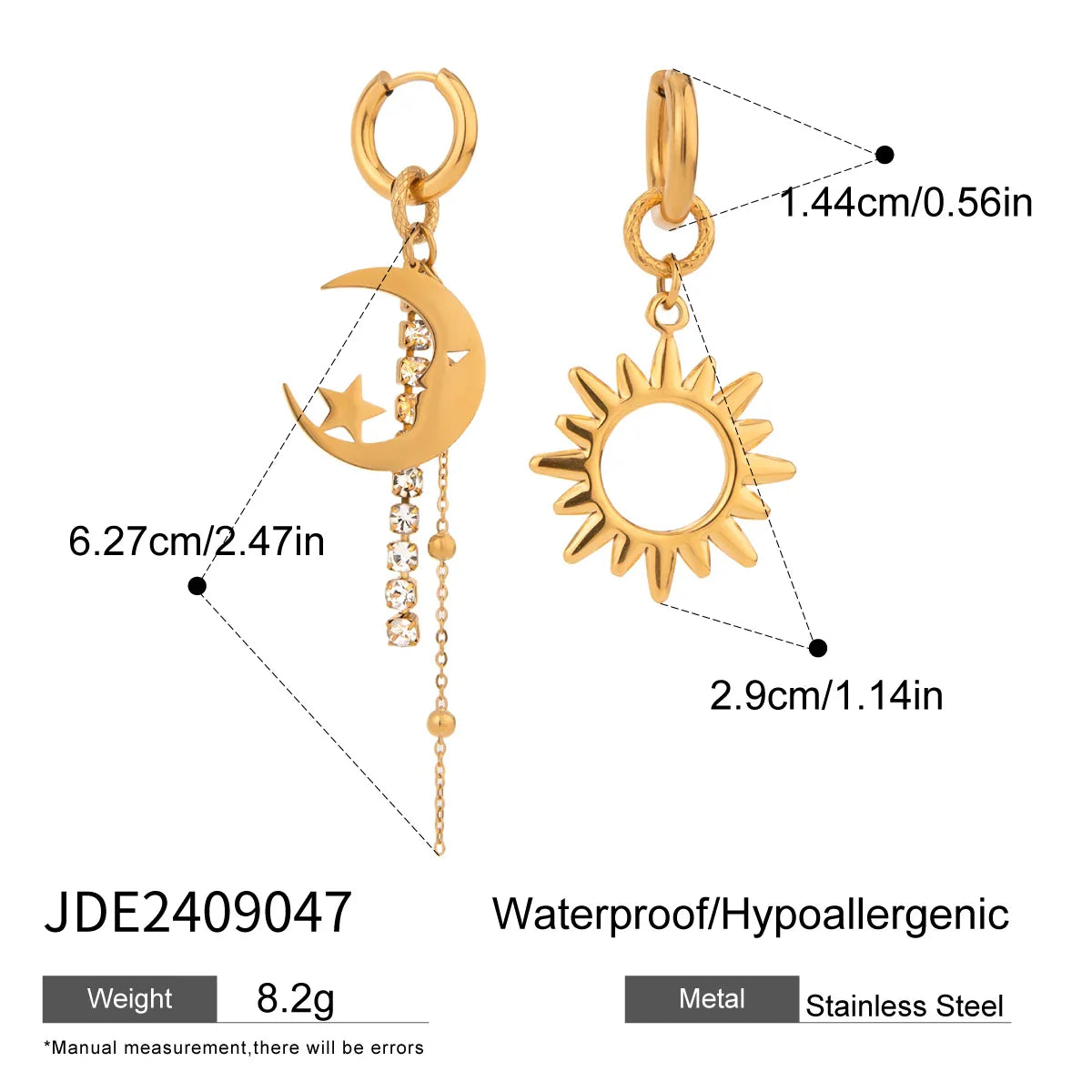 18 Karat vergoldete Ohrringe mit Pentagramm und Mond aus Naturstein, glatte Creolen, Edelstahl, Modeschmuck, Geschenkidee für Damen