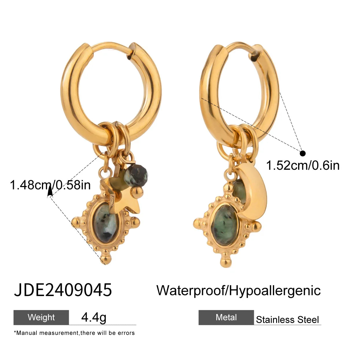 18 Karat vergoldete Ohrringe mit Pentagramm und Mond aus Naturstein, glatte Creolen, Edelstahl, Modeschmuck, Geschenkidee für Damen