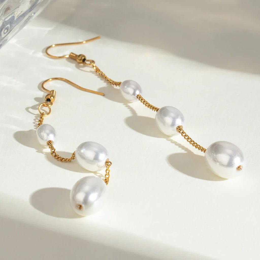 18K Beach Stainless Steel Long Hanging Pearl String Hook Earrings Accessories Women Anti Allergic Statement Jewelry Accessories