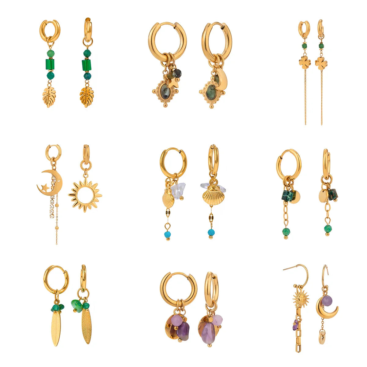 18 Karat vergoldete Ohrringe mit Pentagramm und Mond aus Naturstein, glatte Creolen, Edelstahl, Modeschmuck, Geschenkidee für Damen