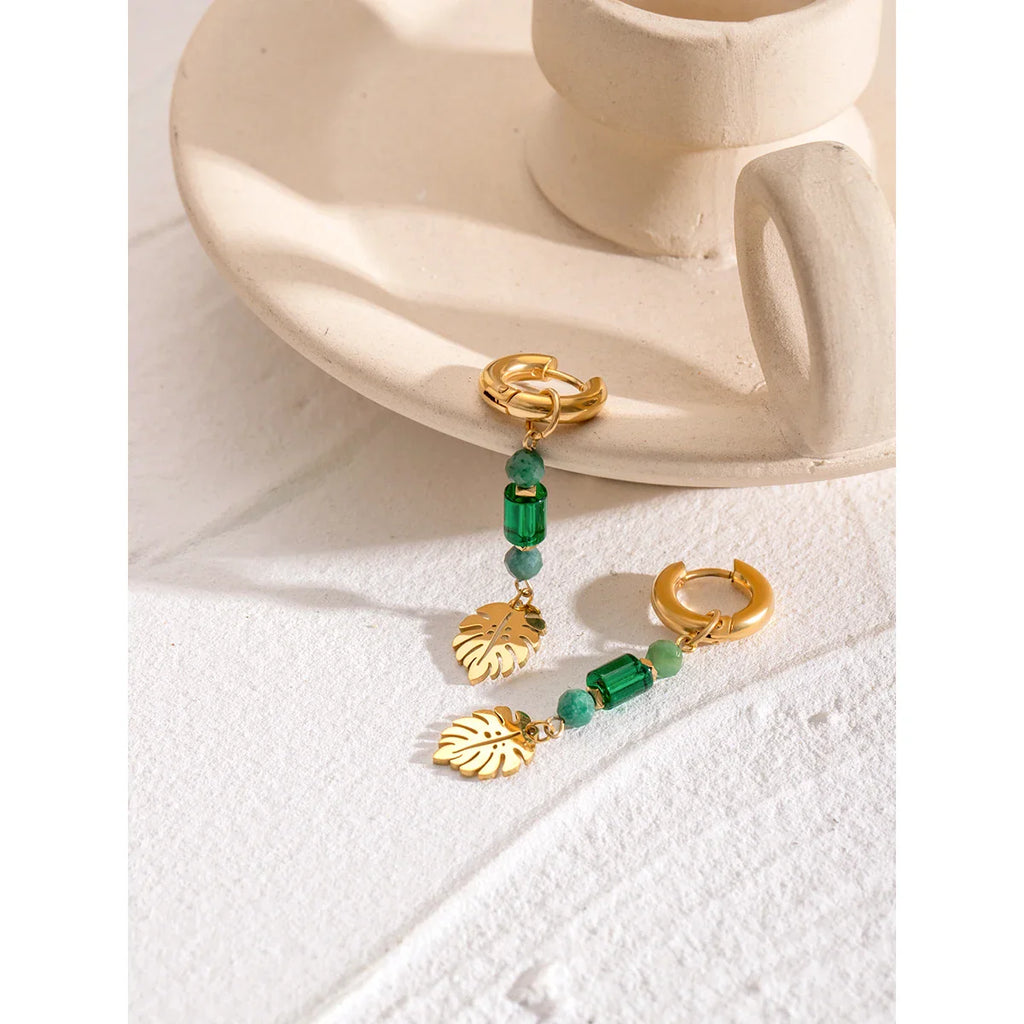 18 Karat vergoldete Ohrhänger mit Blattmotiv aus Naturstein und Kristall, hochwertige Edelstahl-Ohrringe, modischer Schmuck, perfektes Geschenk für Damen 