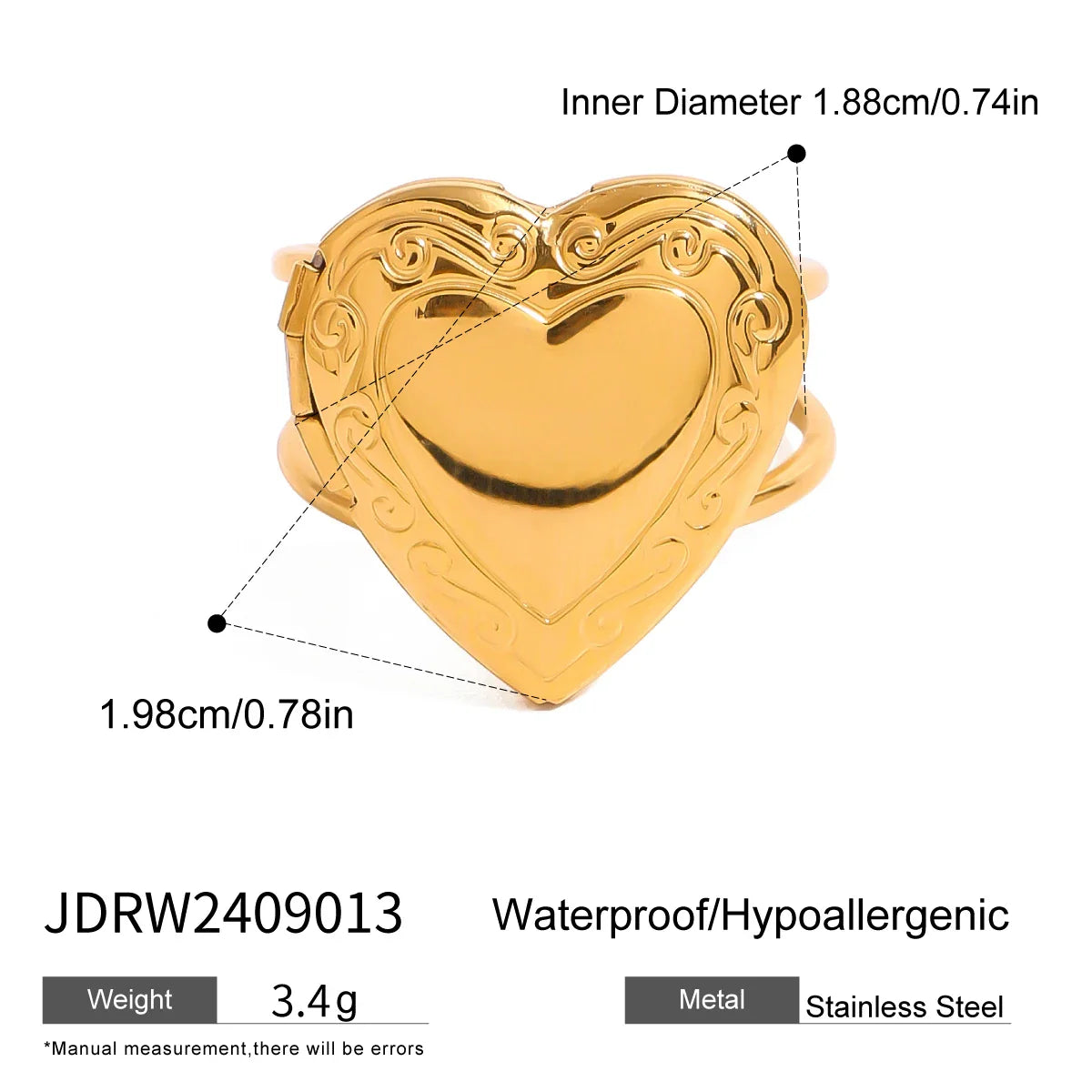 18K Gold Plated Charm Romantic Pattern Love Heart Photo Box Adjustable Open Ring Women Anti Allergic Gala Gift Jewelry