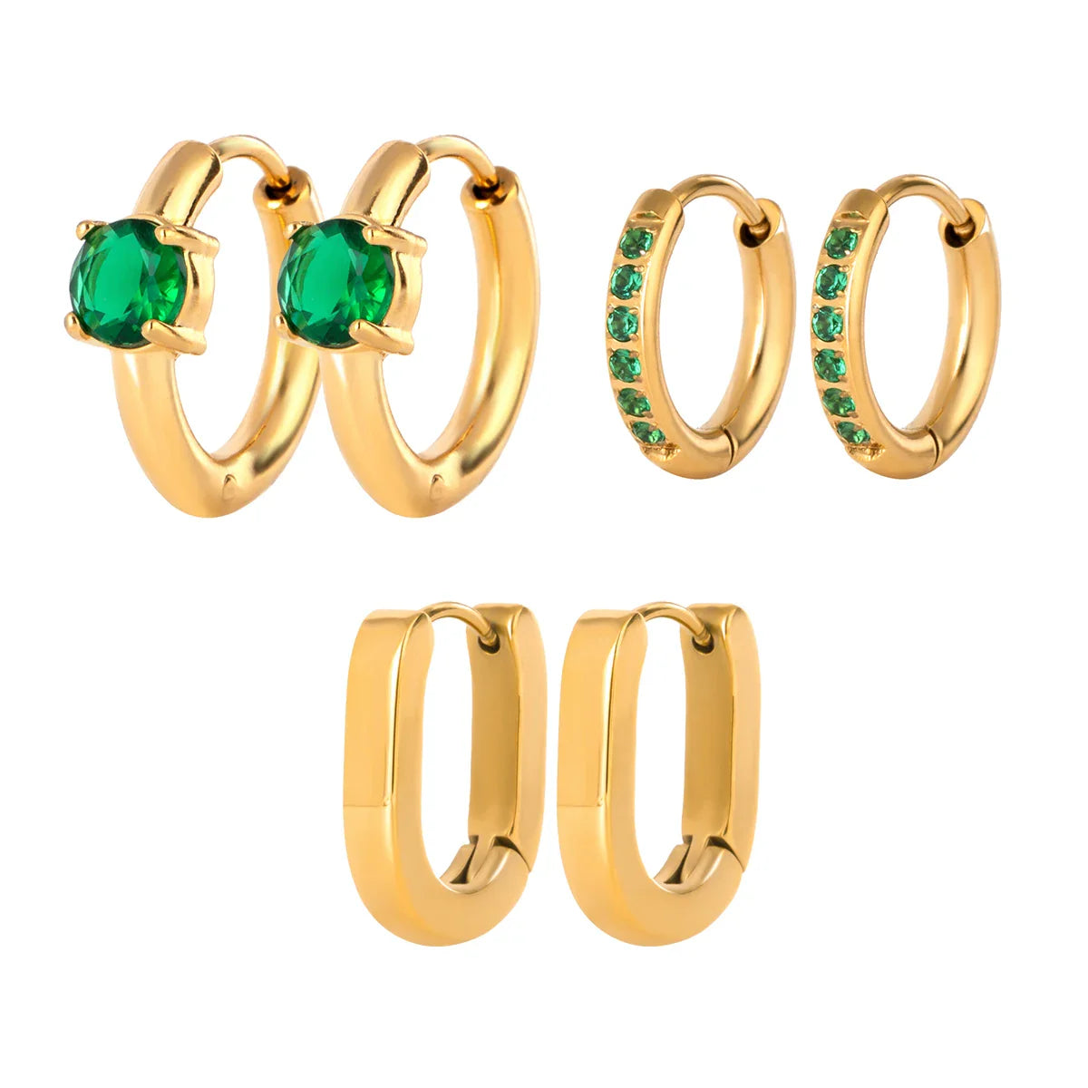 Vintage-Ohrclips aus 18-karätigem Edelstahl mit grünen Zirkonia, 3 Paar auf einer Karte, rostfreier Schmuck für Damen.