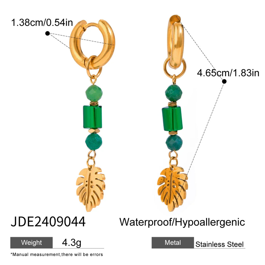 18 Karat vergoldete Ohrhänger mit Blattmotiv aus Naturstein und Kristall, hochwertige Edelstahl-Ohrringe, modischer Schmuck, perfektes Geschenk für Damen 
