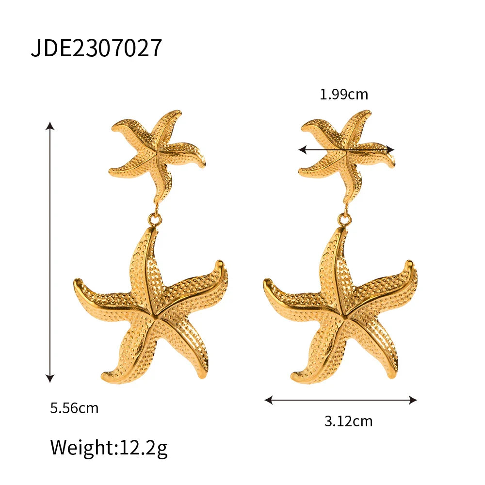 18K Gold Plated Summer Sea Ocean Series Vintage Starfish Pendant Earrings Stainless Steel Statement Waterproof Jewelry Women