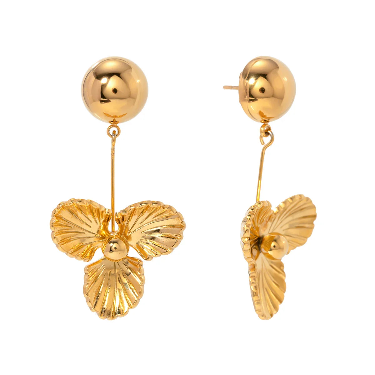Ohrringe aus rostfreiem 18-karätigem Edelstahl mit dreifachem Blumenanhänger in Hemisphäre – ein trendiger und stilvoller, wasserfester Schmuck.