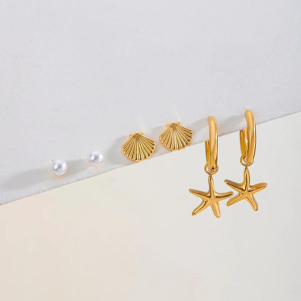 3 Paar Ohrringe pro Karte, Edelstahl, Muschelperlen, gerippte Muschel, glatte Seestern-Anhänger, Damenschmuck, 18 Karat Edelstahl